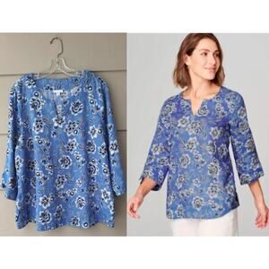 J. Jill purelinen 100% Linen Blue Floral Tunic Top 3/4 sleeves Casual Comfort XL